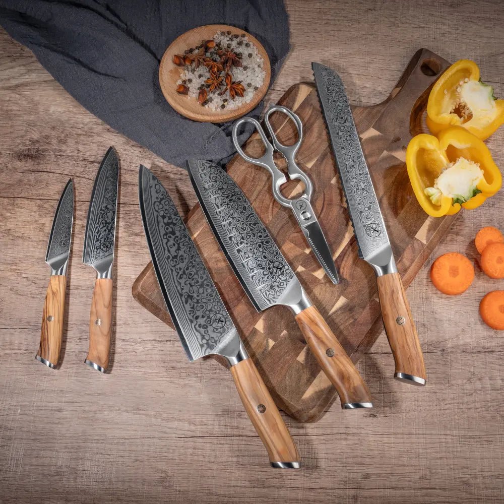 Damast Messer 5er Geschenkset Olive im Akazien Messerblock mit Schere Damastshop.de - Damastshop