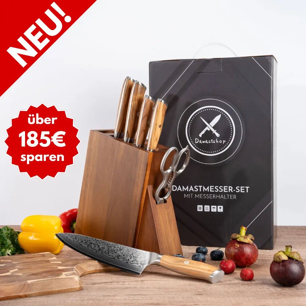 Damast Messer 5er Geschenkset Olive im Akazien Messerblock mit Schere Damastshop.de - Damastshop