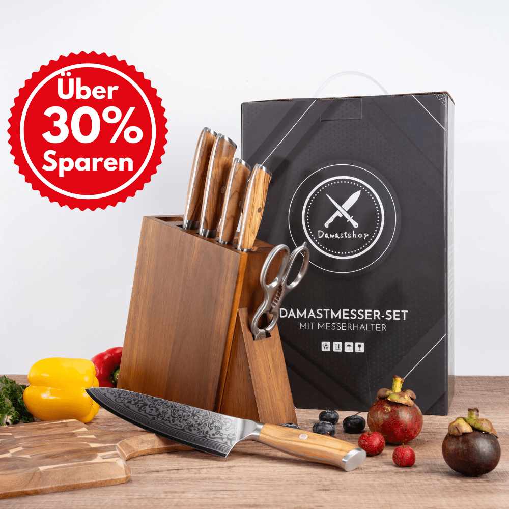 Damast Messer 5er Geschenkset Olive im Akazien Messerblock mit Schere Damastshop.de - Damastshop