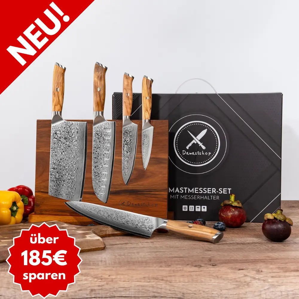 Damast Messer 5er Geschenkset Olive mit Messerbrett Damastshop.de - Damastshop