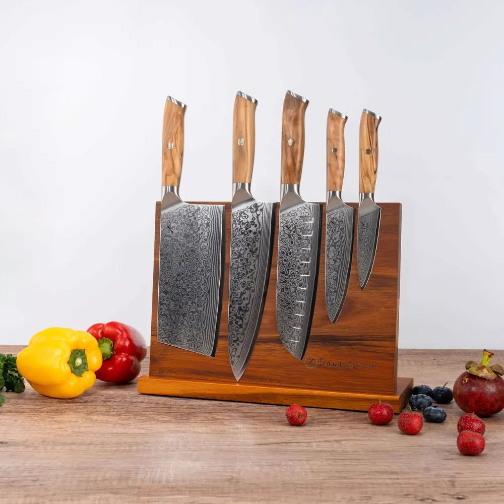 Damast Messer 5er Geschenkset Olive mit Messerbrett Damastshop.de - Damastshop