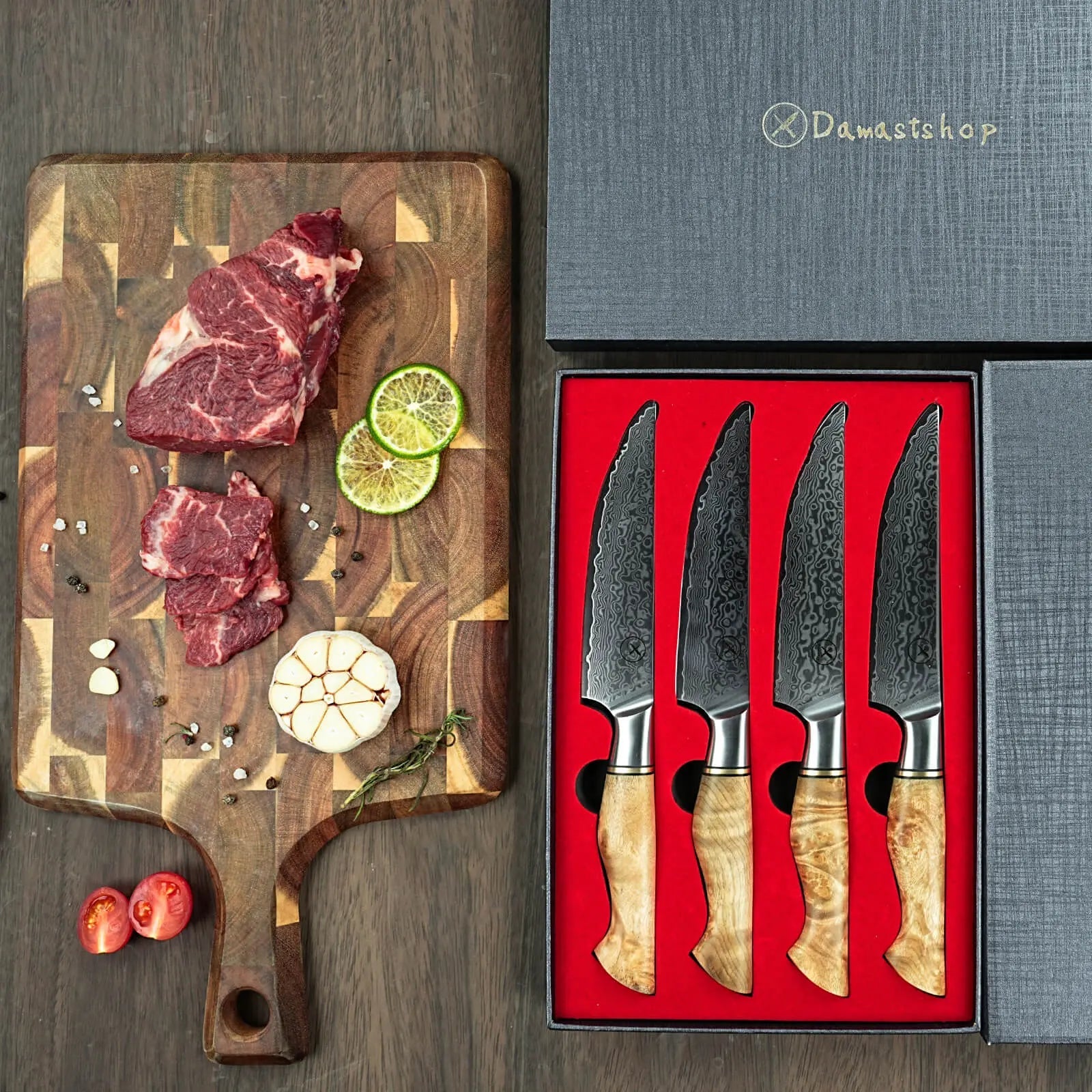 Damast Steakmesser Bergahorn 4er Geschenkset Damastshop.de - Damastshop