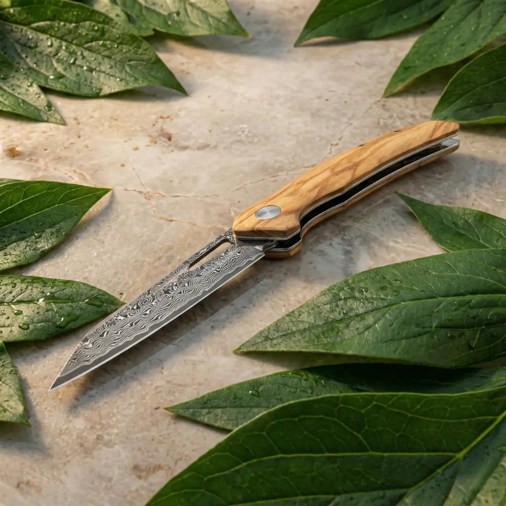 DRACHENADER Taschenmesser Damast Holzgriff Japanisches Outdoor Einhandmesser mit Gürtelclip, 67