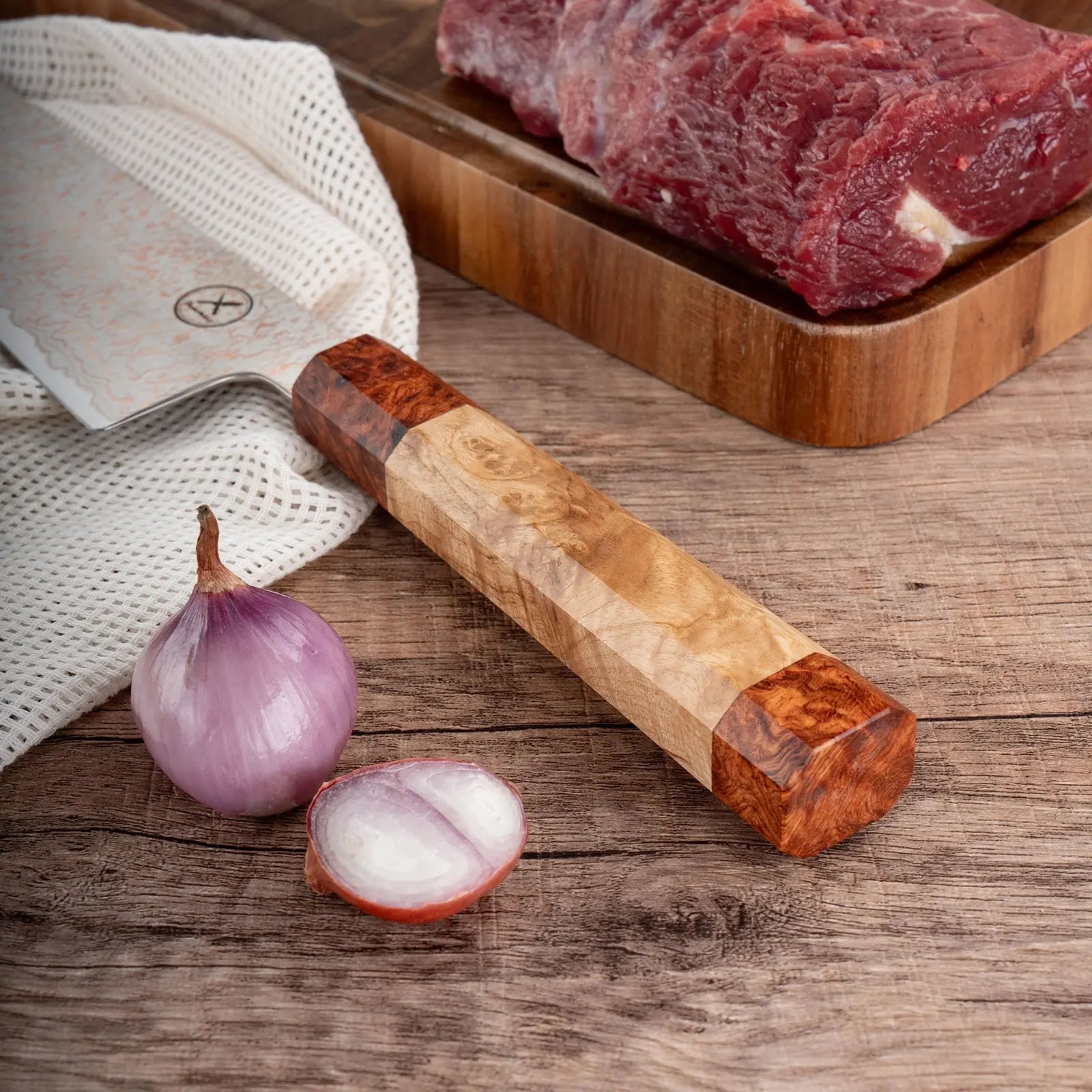 Dreifarbiges Kupfer-Damast Bunka Messer Bergahorn und Padauk Wurzelholz Damastshop.de - Damastshop