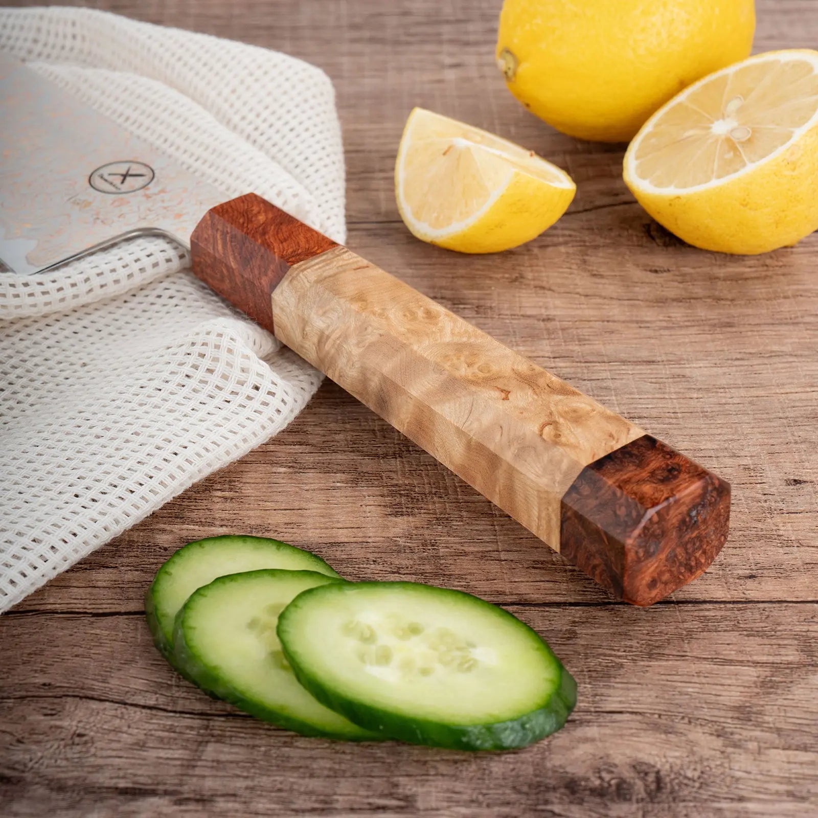 Dreifarbiges Kupfer-Damast Chefmesser Bergahorn und Padauk Wurzelholz Damastshop.de - Damastshop