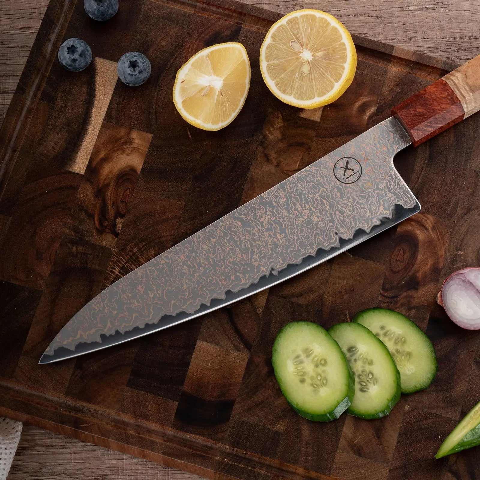 Dreifarbiges Kupfer-Damast Chefmesser Bergahorn und Padauk Wurzelholz Damastshop.de - Damastshop