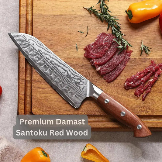 Premium Damast Santoku Red Wood