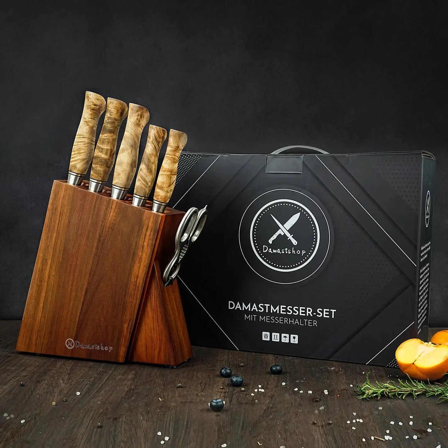 Damast Messer 5er Set Bergahorn im Akazien Messerblock mit Schere Damastshop.de - Damastshop