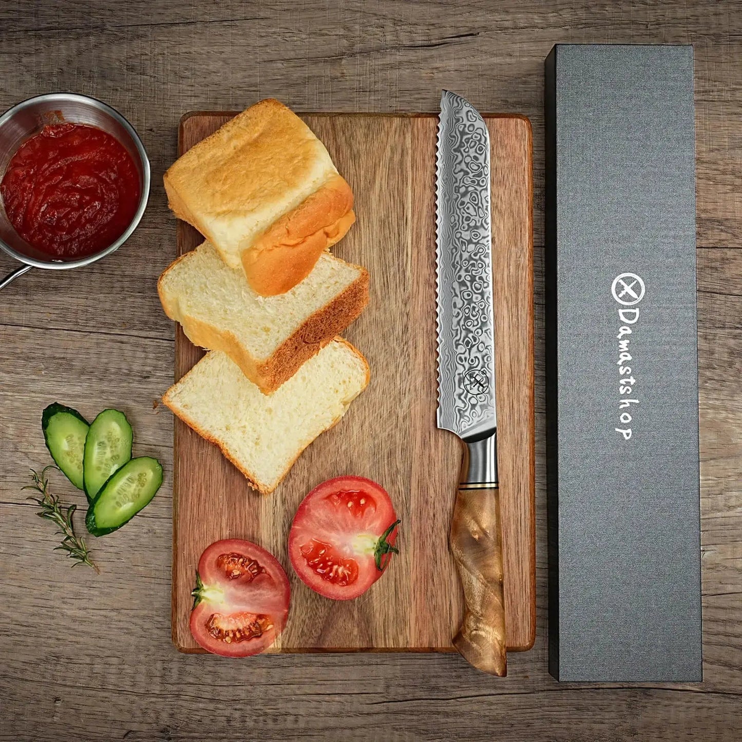 Damast Messer 5er Set Bergahorn im Akazien Messerblock mit Schere Damastshop.de - Damastshop