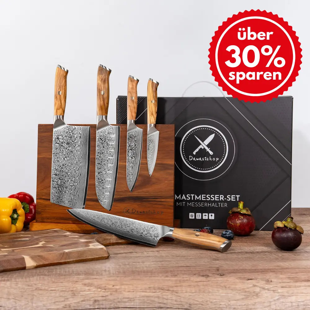Damast Messer 5er Geschenkset Olive mit Messerbrett Damastshop.de - Damastshop