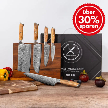 Damast Messer 5er Geschenkset Olive mit Messerbrett Damastshop.de - Damastshop