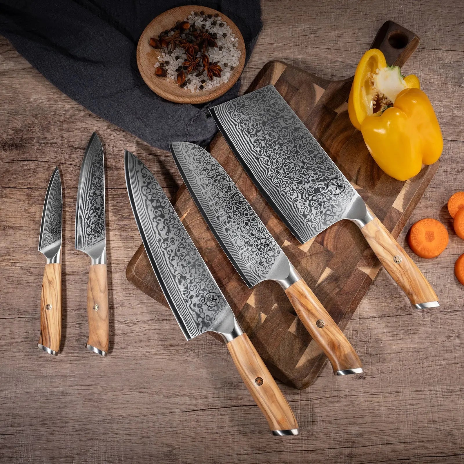 Damast Hackmesser 5er Set Olive mit Messerbrett draft Damastshop.de - Damastshop