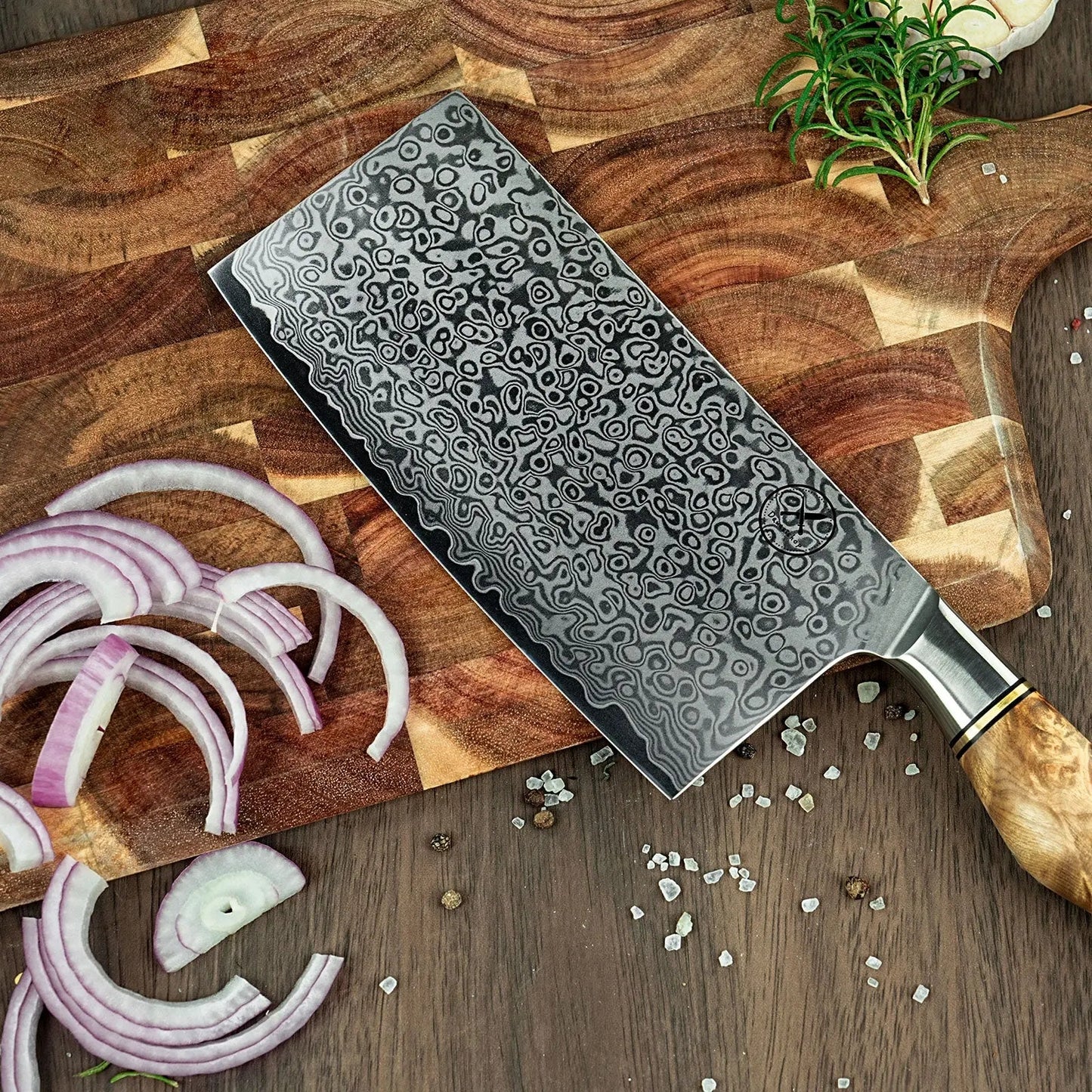 Damast Messer 5er Set Bergahorn im runden Akazien Messerblock mit Schere Draft Damastshop.de - Damastshop