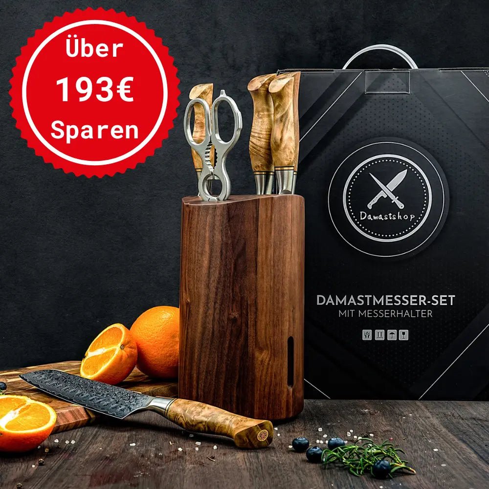 Damast Messer 5er Set Bergahorn im runden Akazien Messerblock mit Schere Draft Damastshop.de - Damastshop