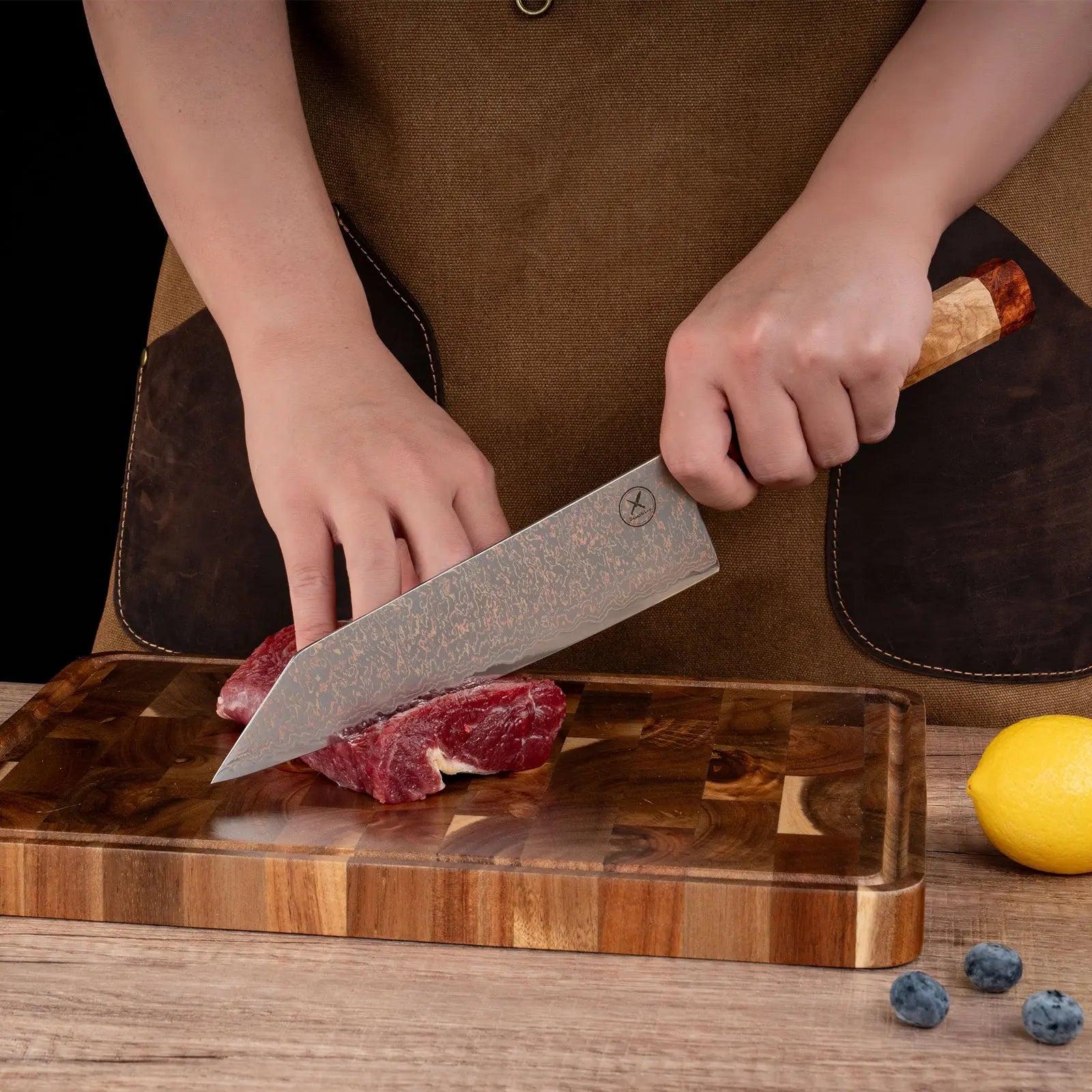 Dreifarbiges Kupfer-Damast Bunka Messer  Bergahorn und Padauk Wurzelholz Damastshop.de - Damastshop