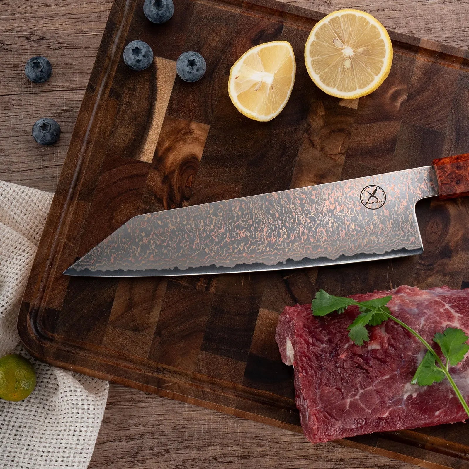 Dreifarbiges Kupfer-Damast Bunka Messer  Bergahorn und Padauk Wurzelholz Damastshop.de - Damastshop