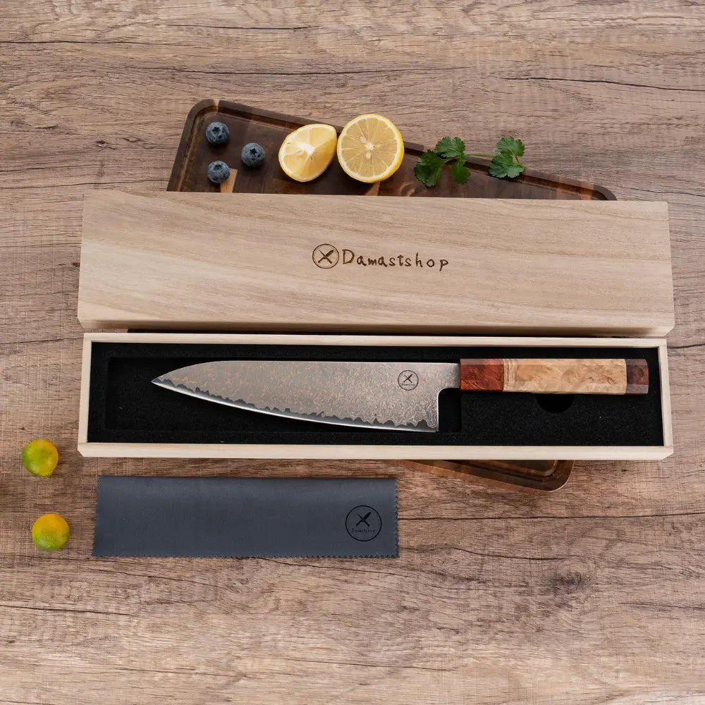 Dreifarbiges Kupfer-Damast Chefmesser Bergahorn und Padauk Wurzelholz Damastshop.de - Damastshop