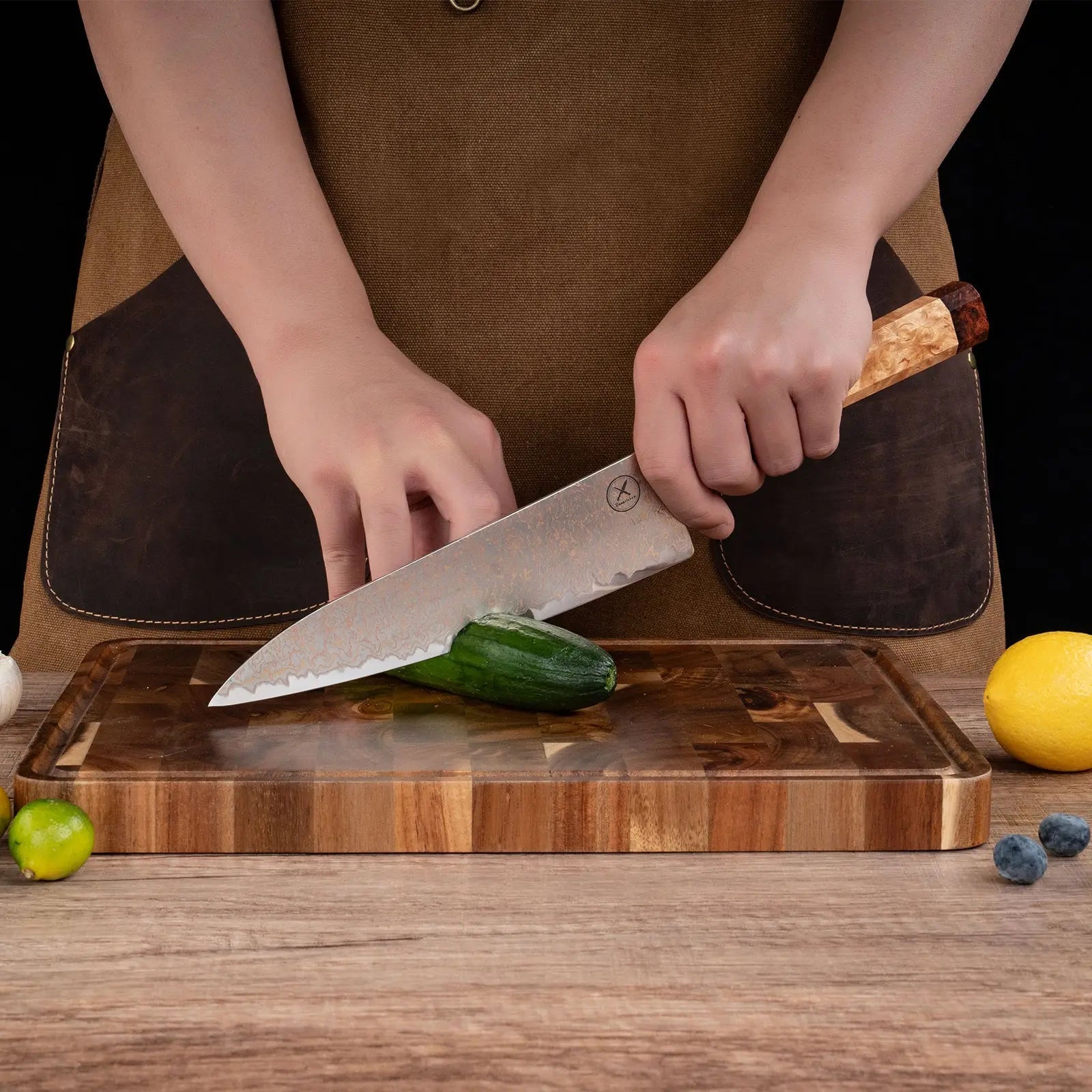 Dreifarbiges Kupfer-Damast Chefmesser Bergahorn und Padauk Wurzelholz Damastshop.de - Damastshop
