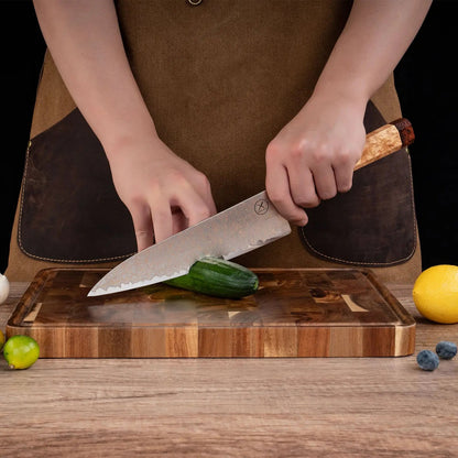 Dreifarbiges Kupfer-Damast Chefmesser Bergahorn und Padauk Wurzelholz Damastshop.de - Damastshop