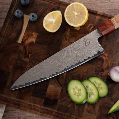 Dreifarbiges Kupfer-Damast Chefmesser Bergahorn und Padauk Wurzelholz Damastshop.de - Damastshop