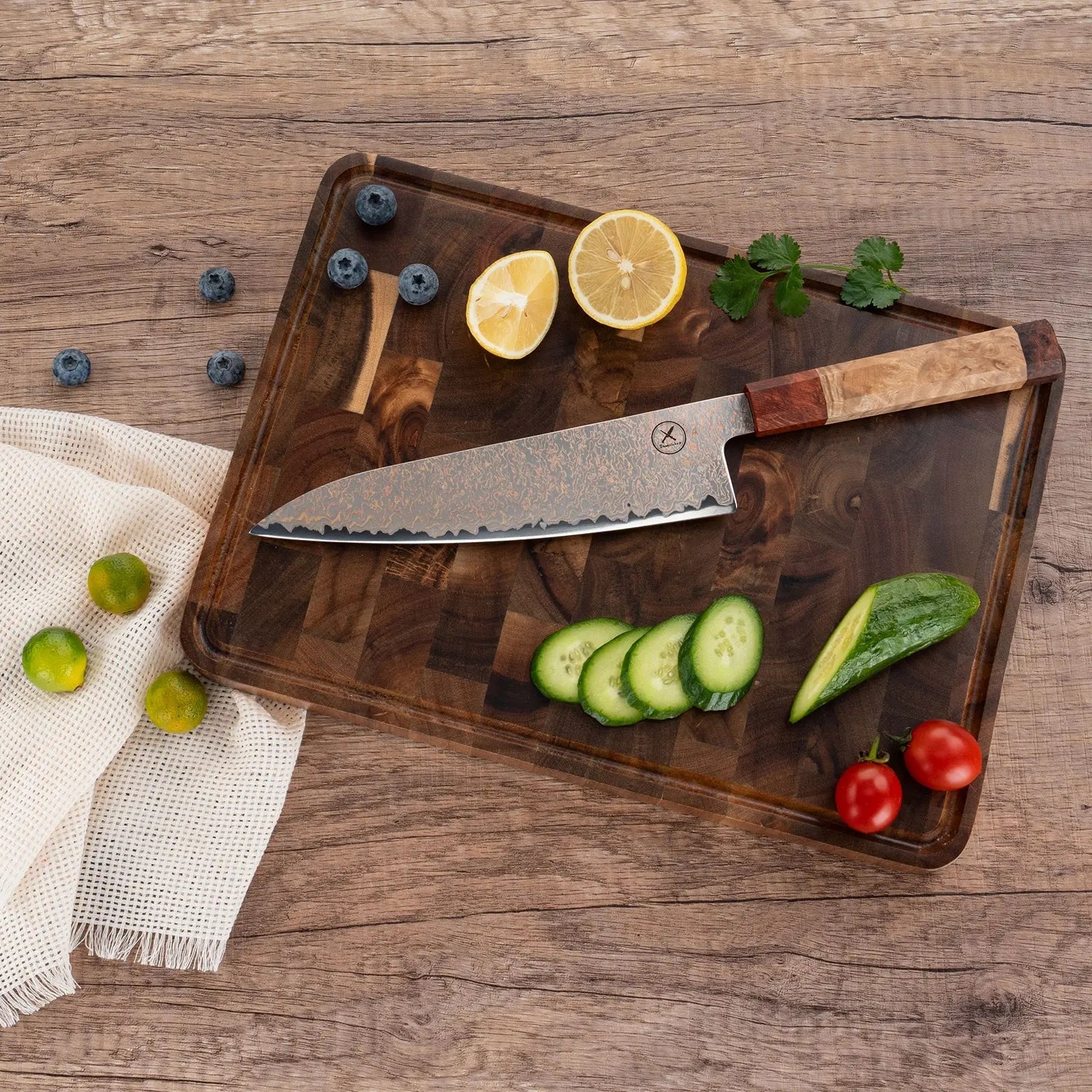Dreifarbiges Kupfer-Damast Chefmesser Bergahorn und Padauk Wurzelholz Damastshop.de - Damastshop