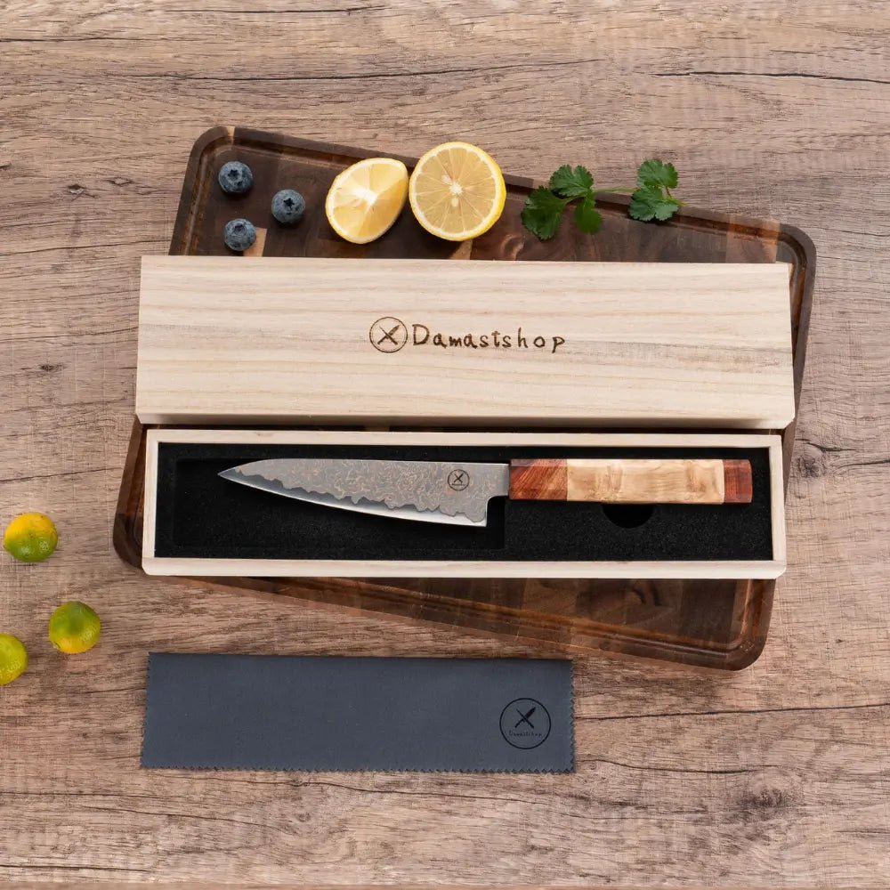 Dreifarbiges Kupfer-Damast Universalmesser  Bergahorn und Padauk Wurzelholz Damastshop.de - Damastshop