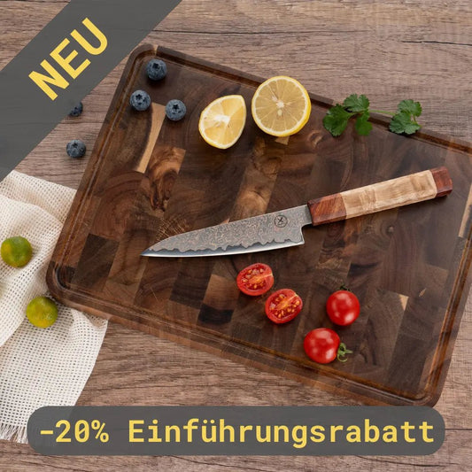 Dreifarbiges Kupfer-Damast Universalmesser  Bergahorn und Padauk Wurzelholz Damastshop.de - Damastshop