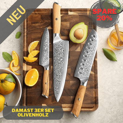Damast Messer 3er Set Olive
