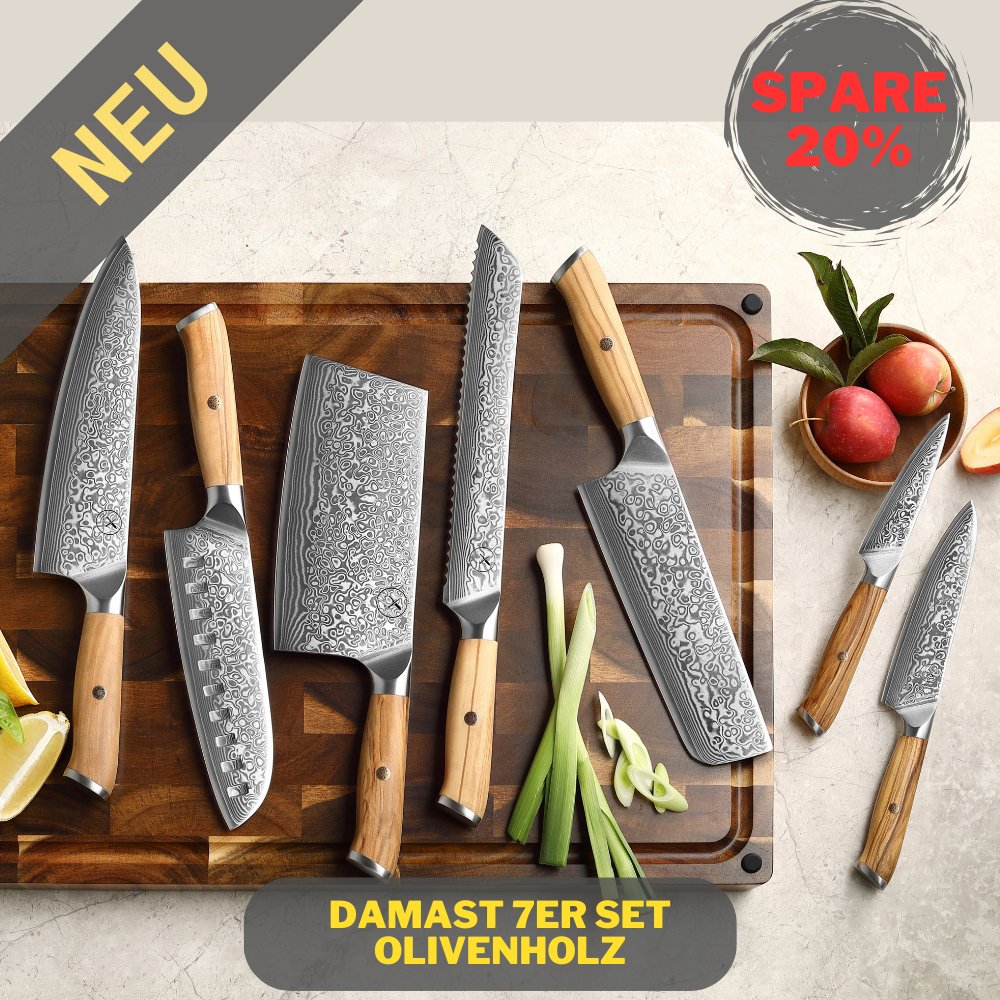 Damast Messer 7er Set Olive